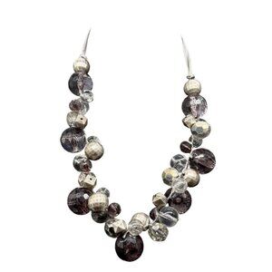Grey Silver Tone Chunky Beads Ribbon Statement Necklace Evening Edge